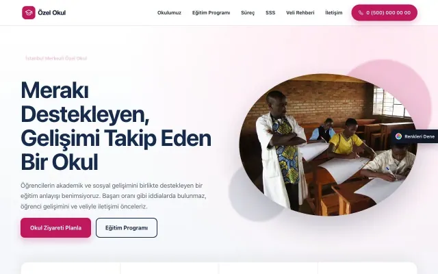 Okul için Tek Sayfa Mavi Pembe – Okul Web Sitesi ana sayfa görünümü