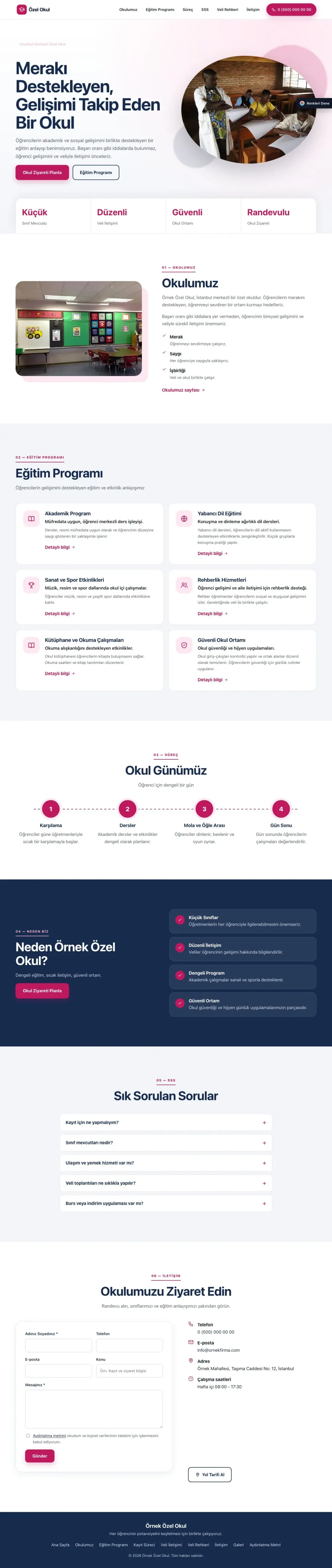 Okul için Tek Sayfa Mavi Pembe – Okul Web Sitesi ana sayfa görünümü