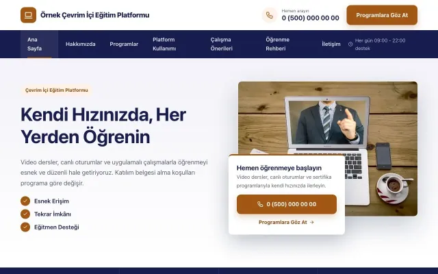 Online Eğitim Platformu için Bölünmüş Lacivert Turuncu – Online Eğitim Platformu Web Sitesi ana sayfa görünümü