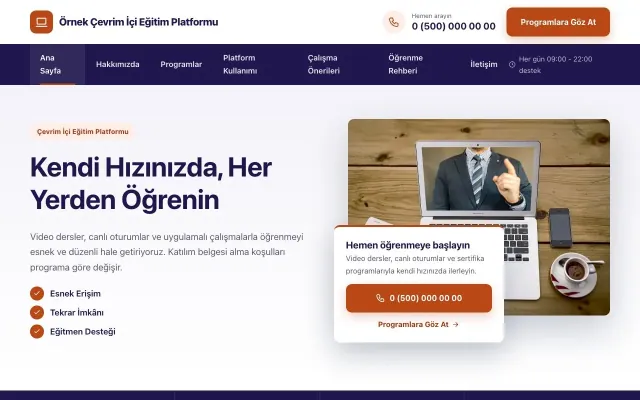 Online Eğitim Platformu için Bölünmüş Lacivert Turuncu II – Online Eğitim Platformu Web Sitesi ana sayfa görünümü