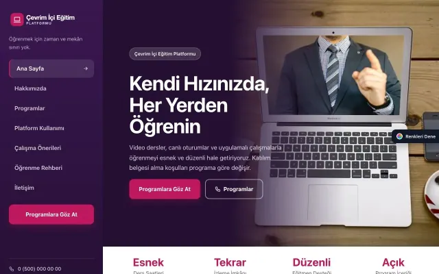 Online Eğitim Platformu için Sol Menü Mor Pembe – Online Eğitim Platformu Web Sitesi ana sayfa görünümü