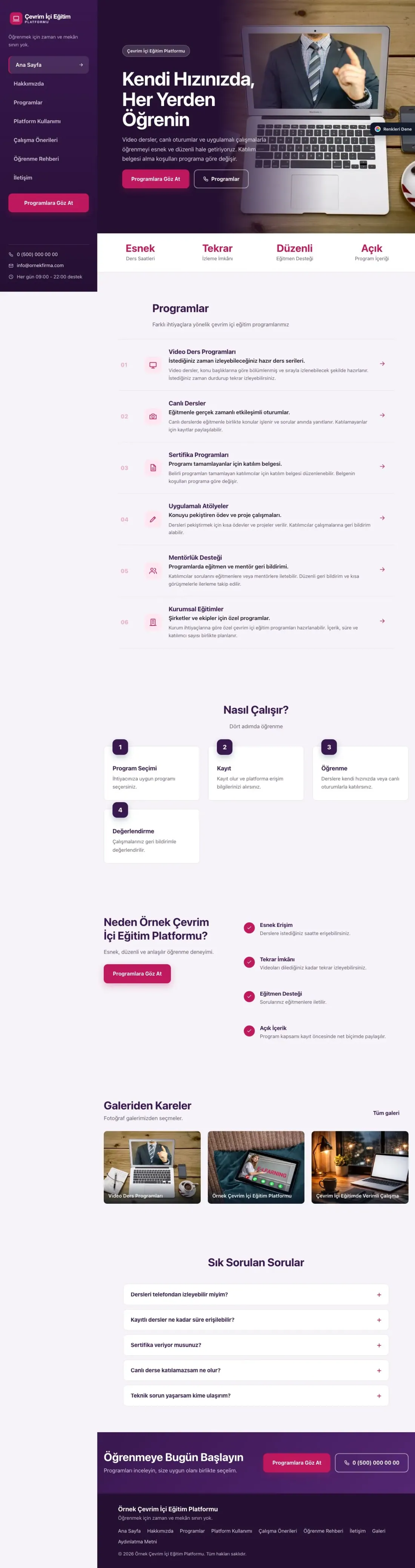 Online Eğitim Platformu için Sol Menü Mor Pembe – Online Eğitim Platformu Web Sitesi ana sayfa görünümü