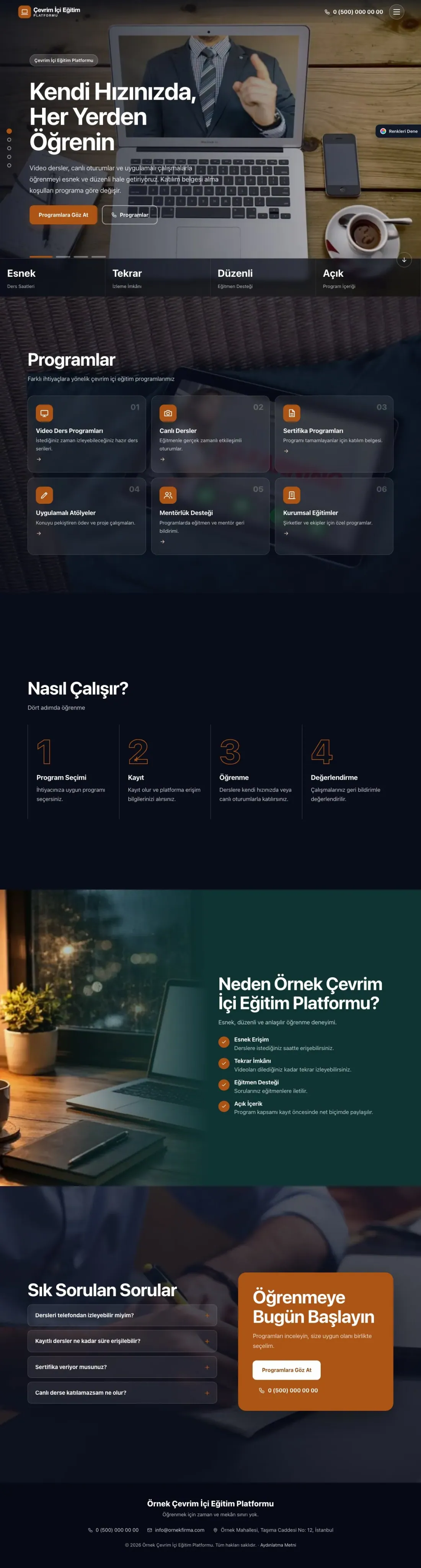 Online Eğitim Platformu için Tam Ekran Petrol Turuncu – Online Eğitim Platformu Web Sitesi ana sayfa görünümü