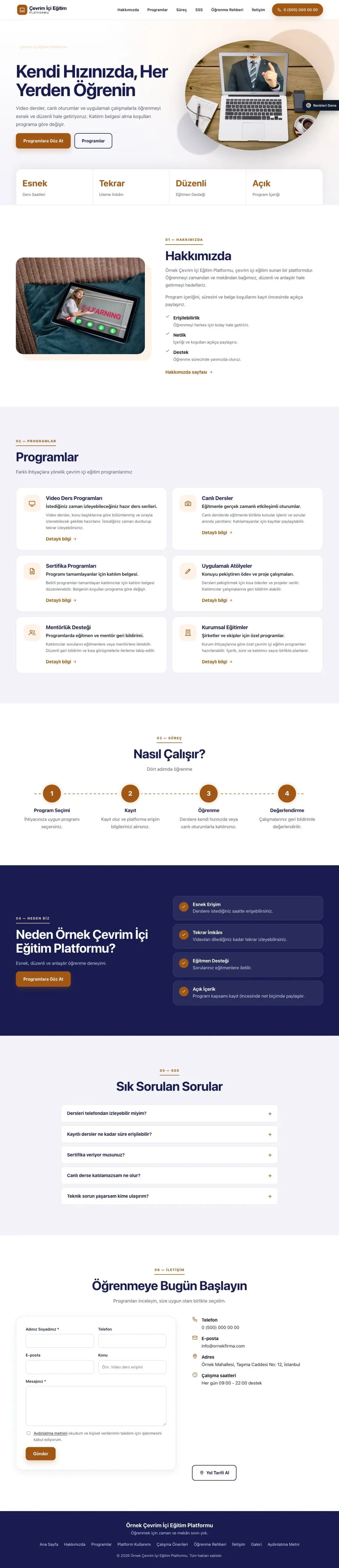 Online Eğitim Platformu için Tek Sayfa Lacivert Turuncu – Online Eğitim Platformu Web Sitesi ana sayfa görünümü