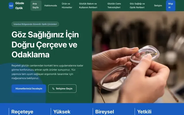 Optik için Blok Petrol Mavi – Optik Web Sitesi ana sayfa görünümü
