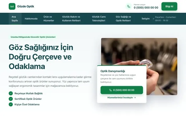 Optik için Bölünmüş Petrol Yeşil – Optik Web Sitesi ana sayfa görünümü