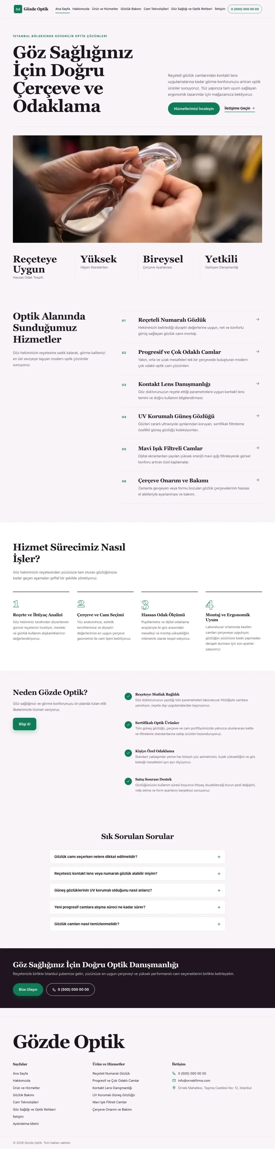 Editoryal Mor Turkuaz – Optik Web Sitesi ana sayfa görünümü