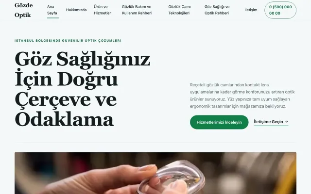 Optik için Editoryal Petrol Yeşil – Optik Web Sitesi ana sayfa görünümü