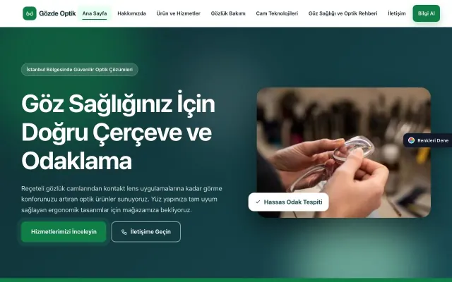 Optik için Hareketli Petrol Yeşil – Optik Web Sitesi ana sayfa görünümü