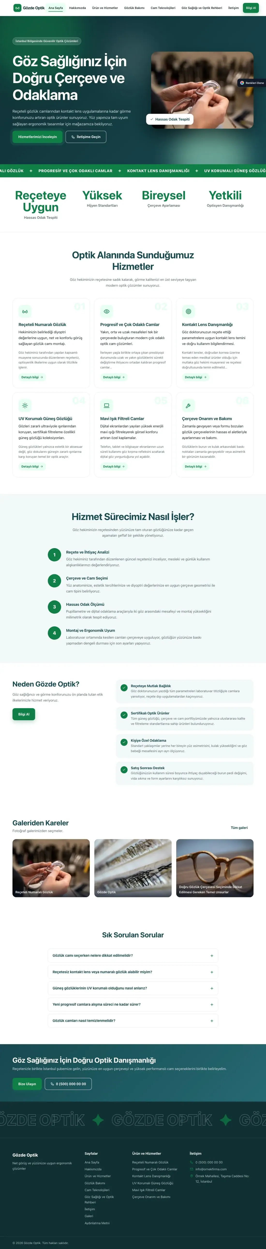 Optik için Hareketli Petrol Yeşil – Optik Web Sitesi ana sayfa görünümü