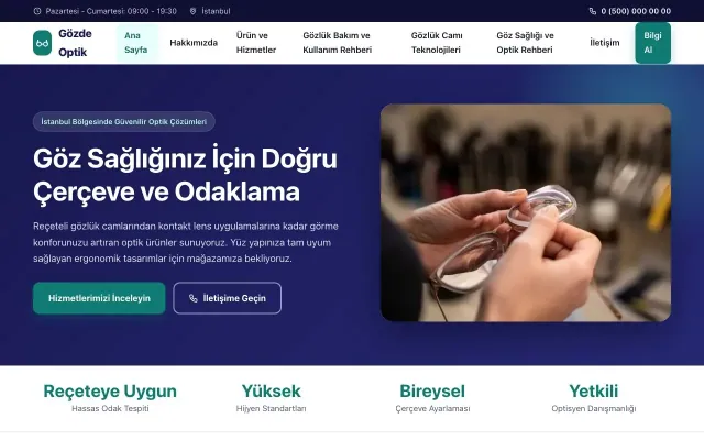 Optik için Klasik Lacivert Turkuaz – Optik Web Sitesi ana sayfa görünümü
