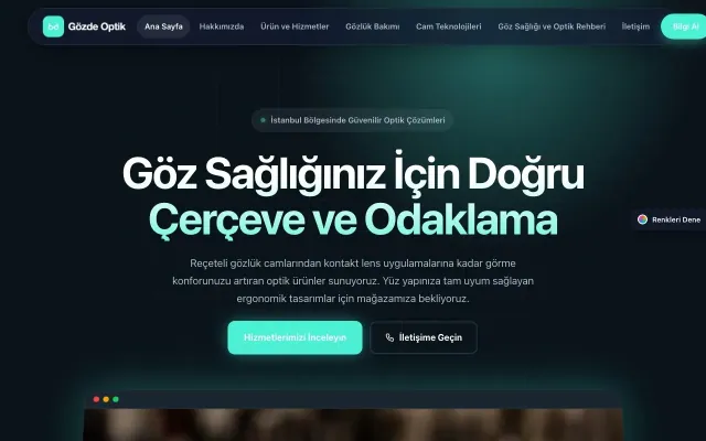 Optik için Koyu Modern Mavi Turkuaz – Optik Web Sitesi ana sayfa görünümü