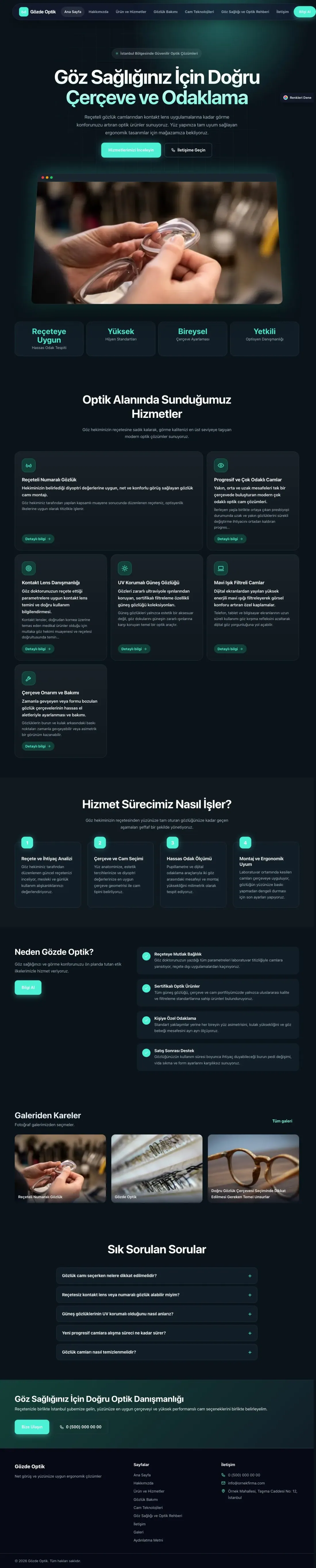 Optik için Koyu Modern Mavi Turkuaz – Optik Web Sitesi ana sayfa görünümü