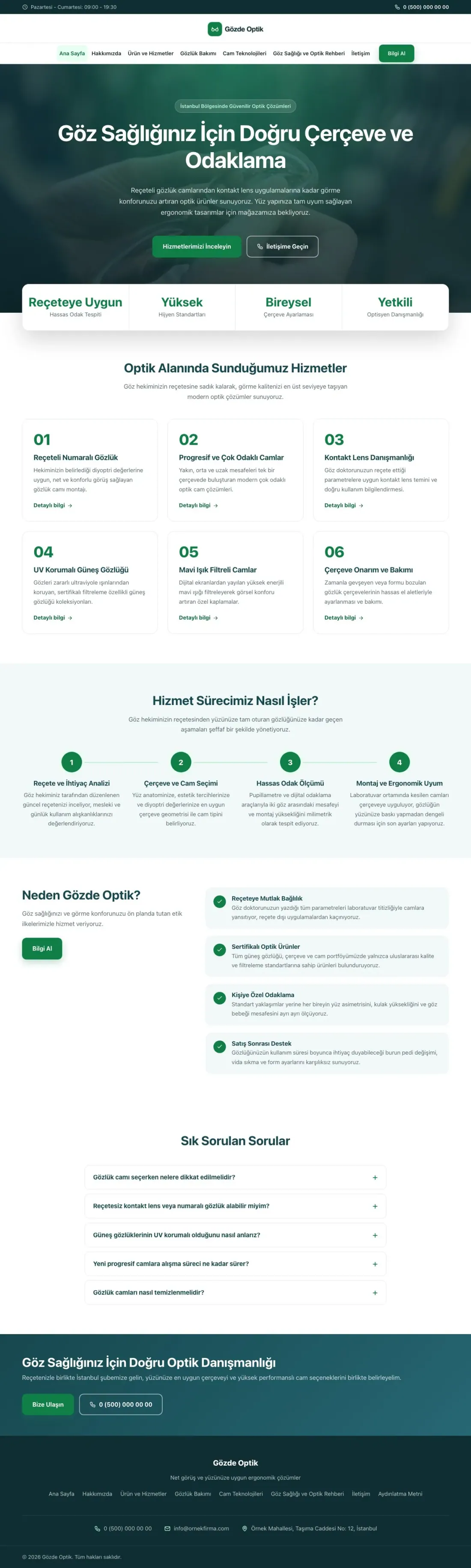 Merkez Petrol Yeşil – Optik Web Sitesi ana sayfa görünümü