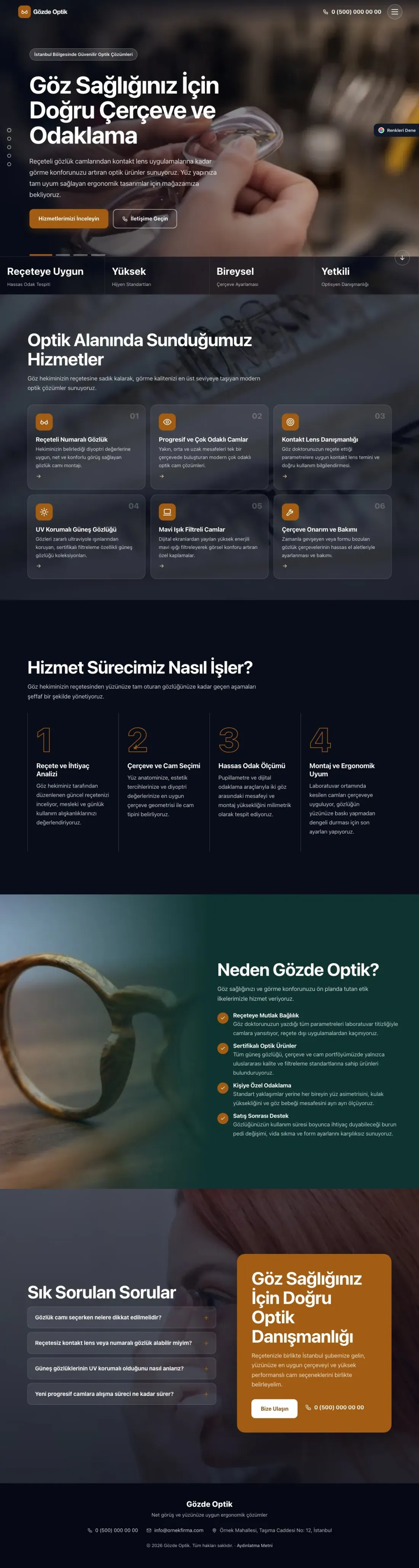 Optik için Tam Ekran Petrol Turuncu – Optik Web Sitesi ana sayfa görünümü