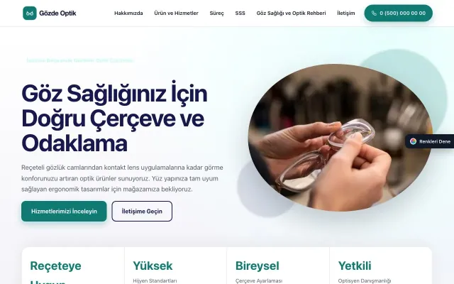 Optik için Tek Sayfa Lacivert Turkuaz – Optik Web Sitesi ana sayfa görünümü