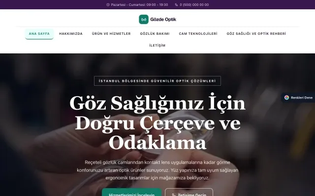Optik için Zigzag Mor Turkuaz – Optik Web Sitesi ana sayfa görünümü
