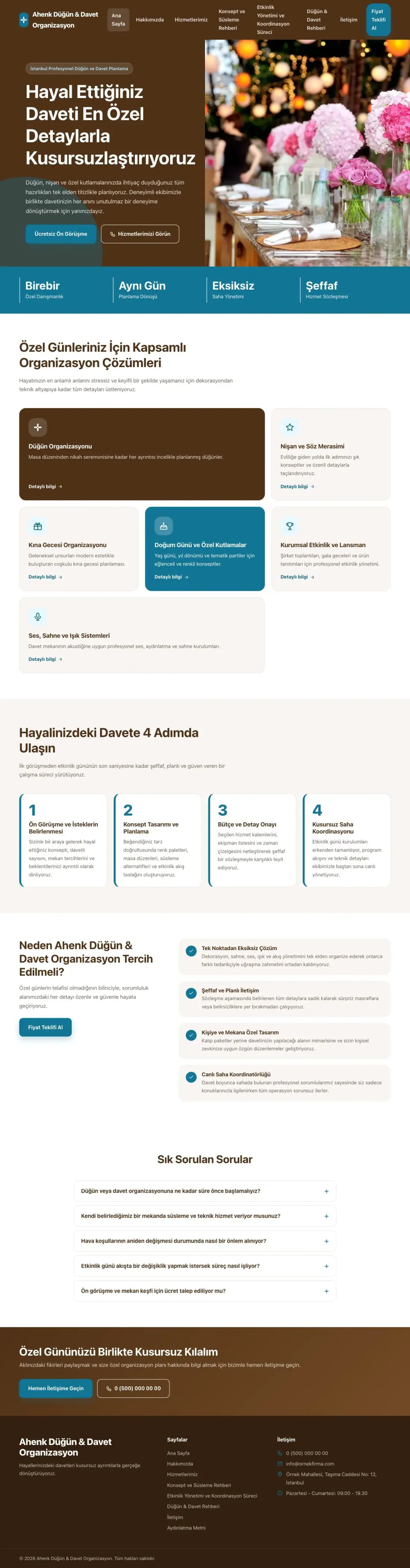 Organizasyon ve Düğün için Blok Kahve Turkuaz – Organizasyon ve Düğün Web Sitesi ana sayfa görünümü