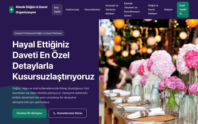 Organizasyon ve Düğün için Blok Mor Turkuaz – Organizasyon ve Düğün Web Sitesi ana sayfa görünümü