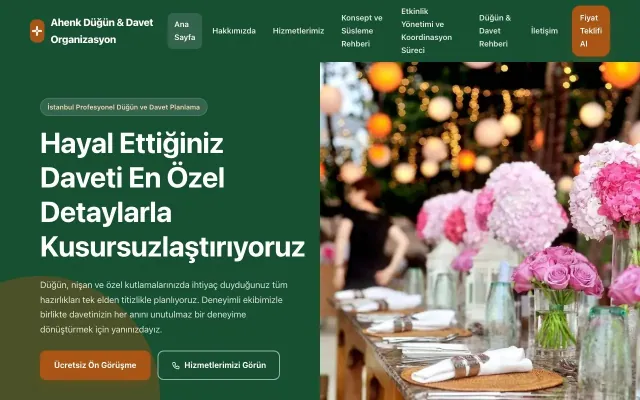 Organizasyon ve Düğün için Blok Yeşil Turuncu – Organizasyon ve Düğün Web Sitesi ana sayfa görünümü