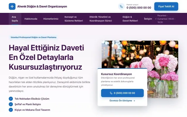 Organizasyon ve Düğün için Bölünmüş Mor Mavi – Organizasyon ve Düğün Web Sitesi ana sayfa görünümü