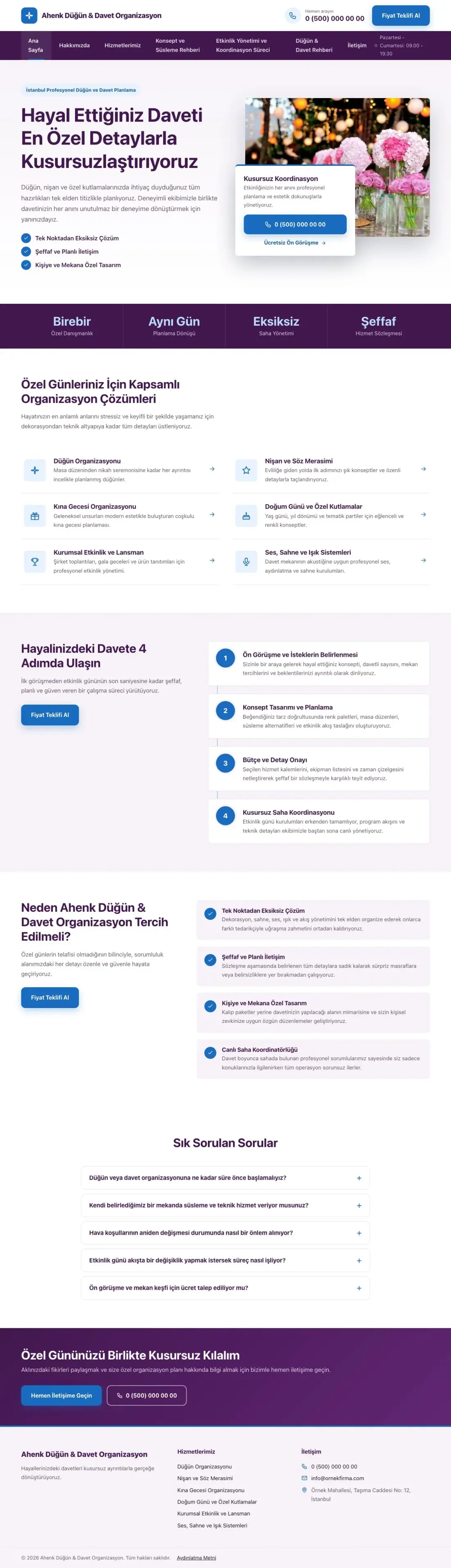Organizasyon ve Düğün için Bölünmüş Mor Mavi – Organizasyon ve Düğün Web Sitesi ana sayfa görünümü