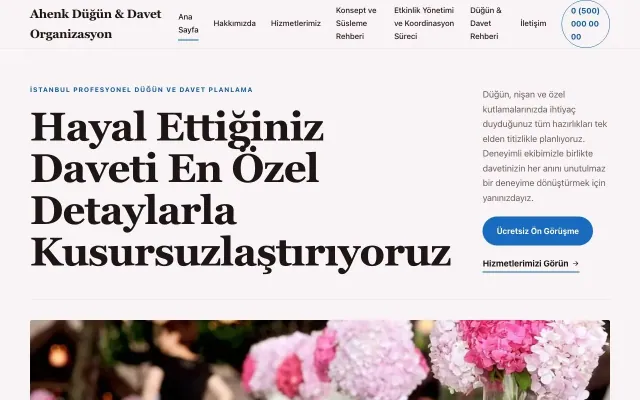 Organizasyon ve Düğün için Editoryal Bordo Mavi – Organizasyon ve Düğün Web Sitesi ana sayfa görünümü