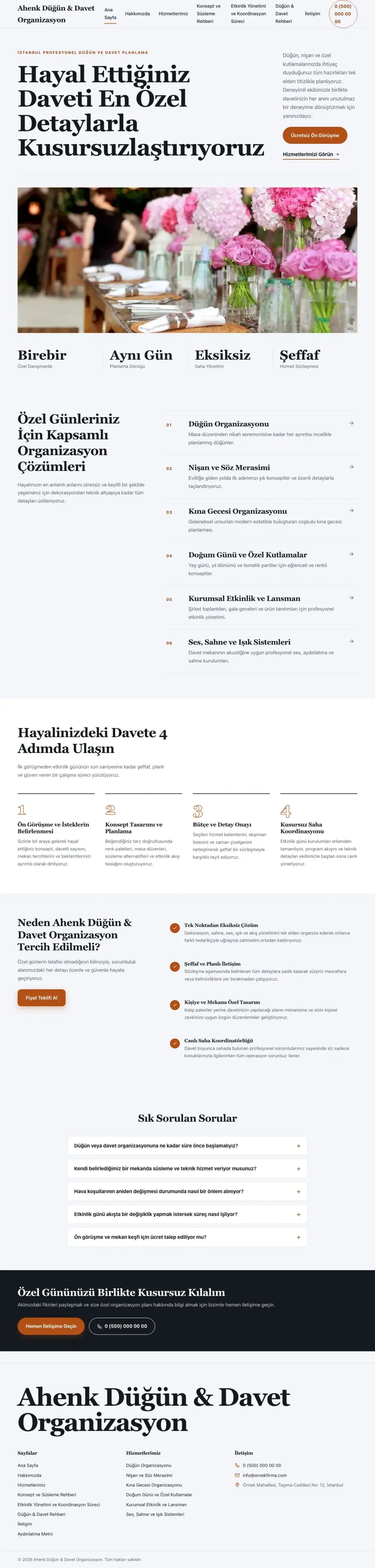 Organizasyon ve Düğün için Editoryal Mavi Turuncu – Organizasyon ve Düğün Web Sitesi ana sayfa görünümü