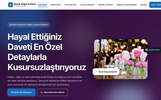 Organizasyon ve Düğün için Hareketli Mor Mavi – Organizasyon ve Düğün Web Sitesi ana sayfa görünümü
