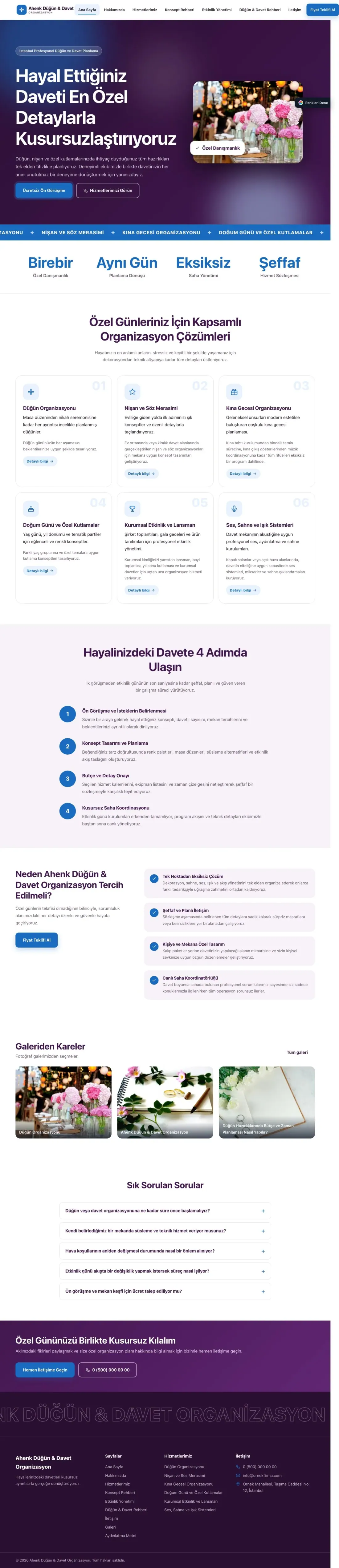 Organizasyon ve Düğün için Hareketli Mor Mavi – Organizasyon ve Düğün Web Sitesi ana sayfa görünümü