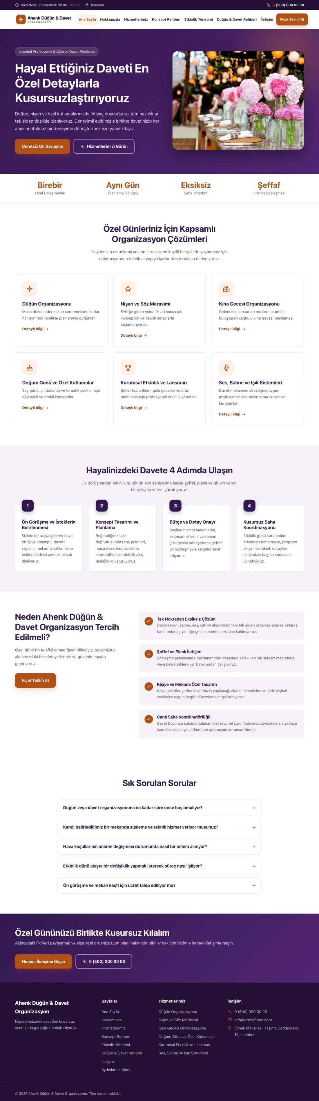 Klasik Mor Turuncu – Organizasyon ve Düğün Web Sitesi ana sayfa görünümü