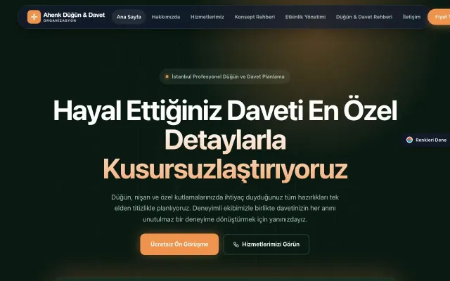 Organizasyon ve Düğün için Koyu Modern Yeşil Turuncu – Organizasyon ve Düğün Web Sitesi ana sayfa görünümü