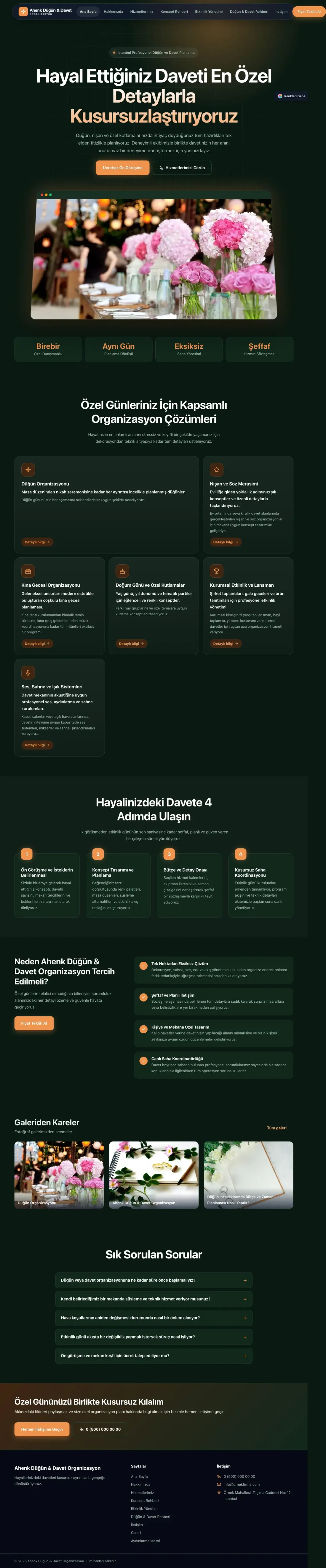 Organizasyon ve Düğün için Koyu Modern Yeşil Turuncu – Organizasyon ve Düğün Web Sitesi ana sayfa görünümü