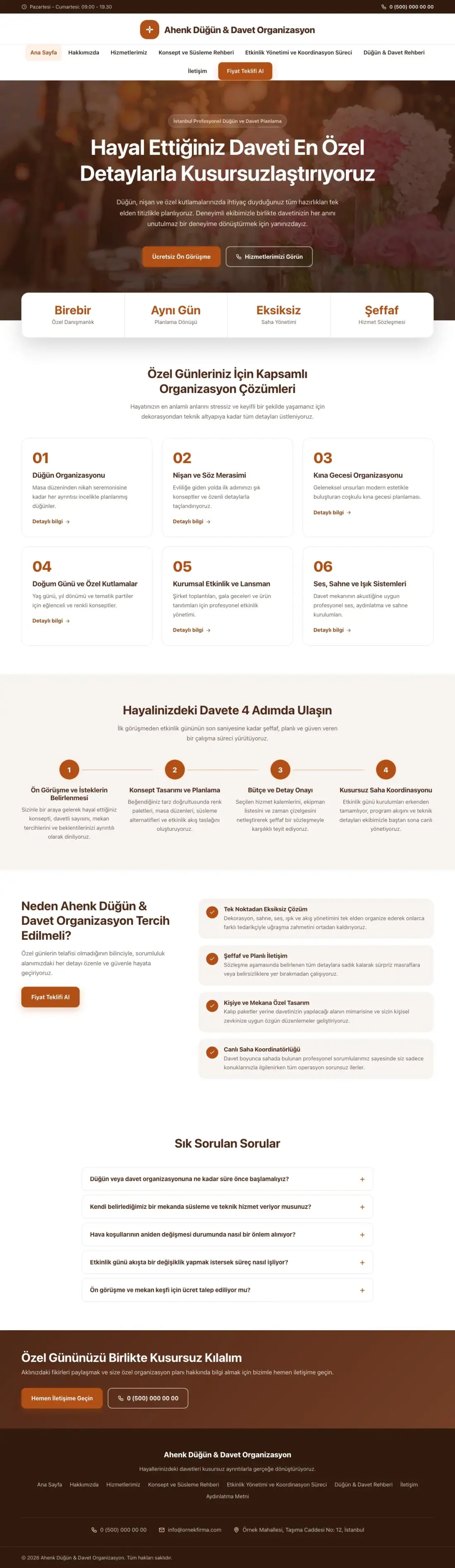 Organizasyon ve Düğün için Merkez Kahve Turuncu – Organizasyon ve Düğün Web Sitesi ana sayfa görünümü