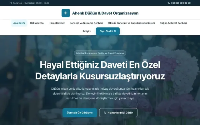 Organizasyon ve Düğün için Merkez Mavi Turkuaz – Organizasyon ve Düğün Web Sitesi ana sayfa görünümü