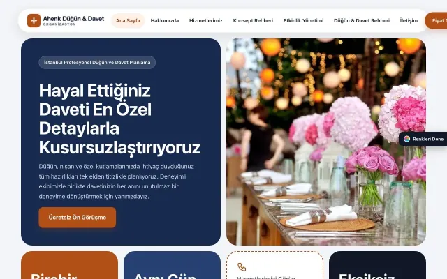 Organizasyon ve Düğün için Mozaik Mavi Turuncu – Organizasyon ve Düğün Web Sitesi ana sayfa görünümü