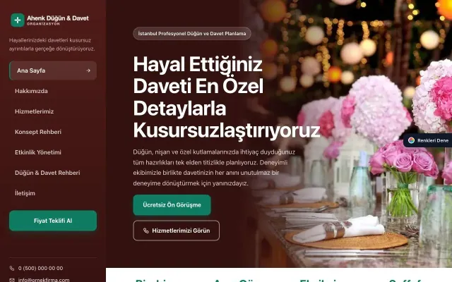 Organizasyon ve Düğün için Sol Menü Bordo Turkuaz – Organizasyon ve Düğün Web Sitesi ana sayfa görünümü