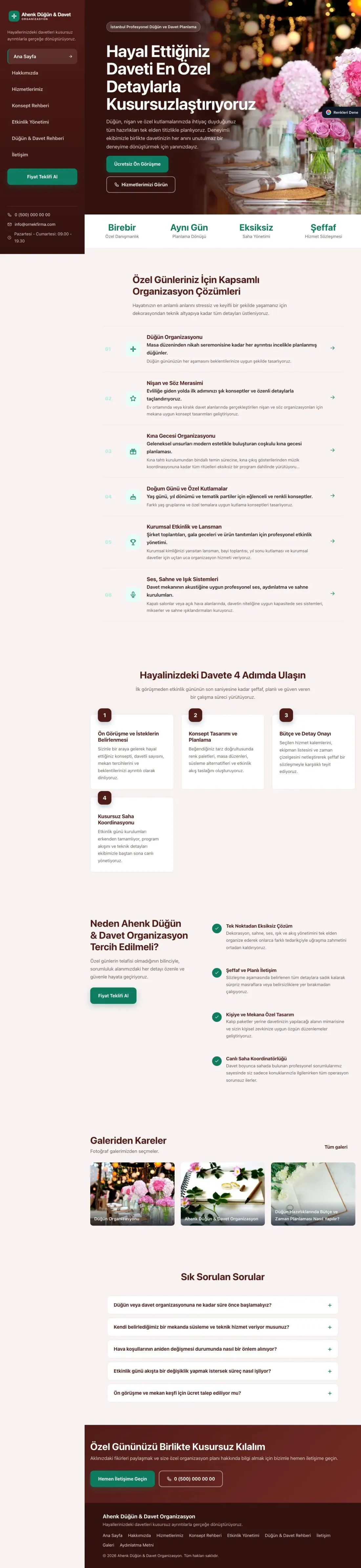 Organizasyon ve Düğün için Sol Menü Bordo Turkuaz – Organizasyon ve Düğün Web Sitesi ana sayfa görünümü