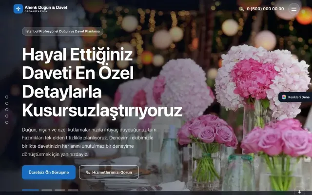 Organizasyon ve Düğün için Tam Ekran Lacivert Mavi – Organizasyon ve Düğün Web Sitesi ana sayfa görünümü