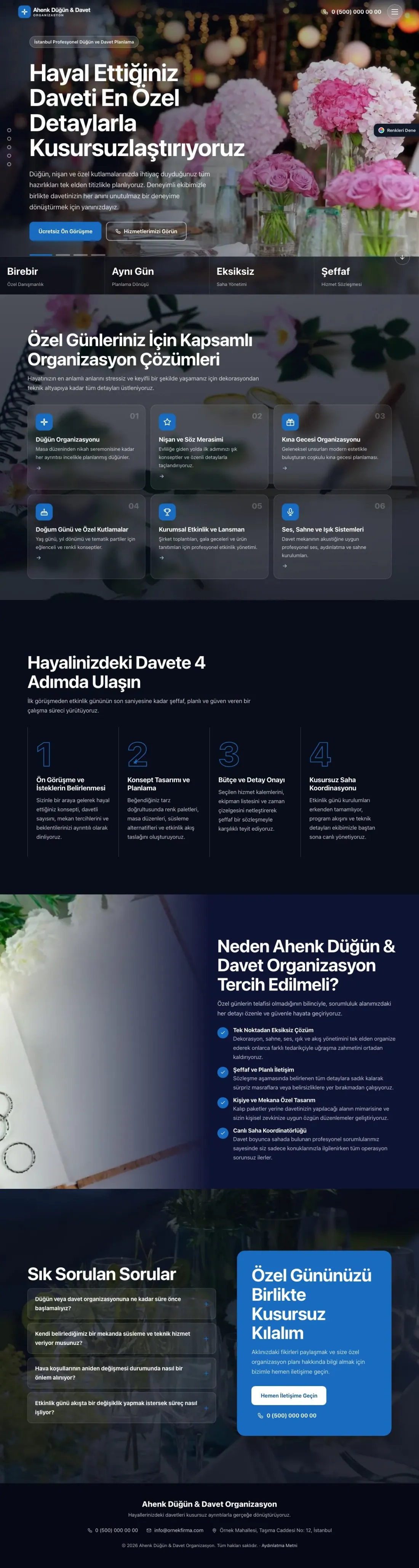 Organizasyon ve Düğün için Tam Ekran Lacivert Mavi – Organizasyon ve Düğün Web Sitesi ana sayfa görünümü