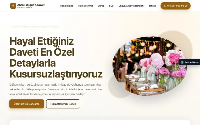 Organizasyon ve Düğün için Tek Sayfa Kahve Turuncu – Organizasyon ve Düğün Web Sitesi ana sayfa görünümü
