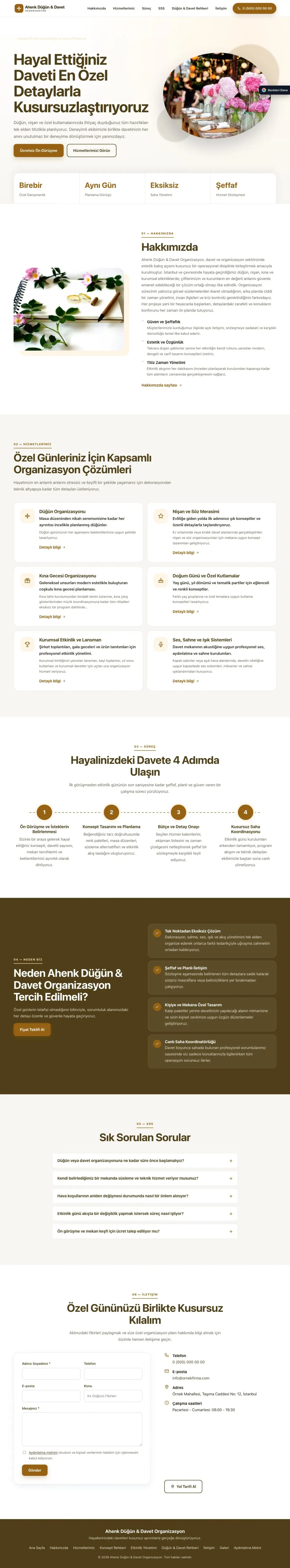 Organizasyon ve Düğün için Tek Sayfa Kahve Turuncu – Organizasyon ve Düğün Web Sitesi ana sayfa görünümü
