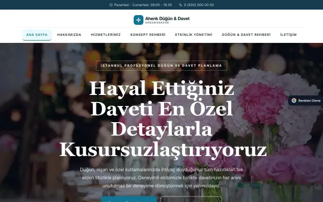 Organizasyon ve Düğün için Zigzag Mavi Turkuaz – Organizasyon ve Düğün Web Sitesi ana sayfa görünümü
