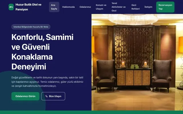 Otel ve Pansiyon için Blok Lacivert Turkuaz – Otel ve Pansiyon Web Sitesi ana sayfa görünümü