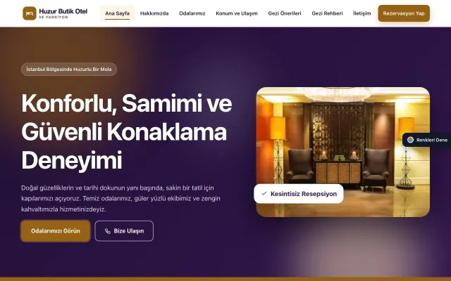 Otel ve Pansiyon için Hareketli Mor Turuncu – Otel ve Pansiyon Web Sitesi ana sayfa görünümü