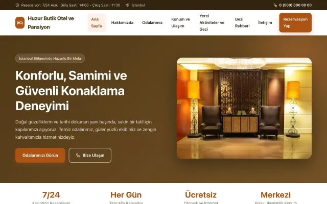 Otel ve Pansiyon için Klasik Kahve Turuncu – Otel ve Pansiyon Web Sitesi ana sayfa görünümü