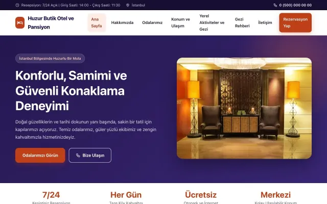Otel ve Pansiyon için Klasik Lacivert Turuncu – Otel ve Pansiyon Web Sitesi ana sayfa görünümü