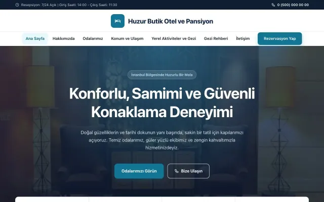 Otel ve Pansiyon için Merkez Mavi Turkuaz – Otel ve Pansiyon Web Sitesi ana sayfa görünümü