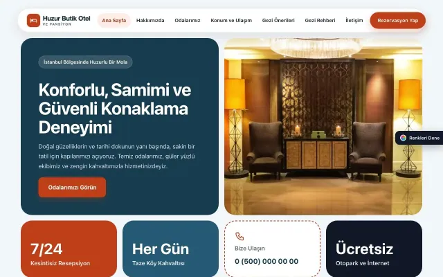 Otel ve Pansiyon için Mozaik Mavi Turuncu – Otel ve Pansiyon Web Sitesi ana sayfa görünümü