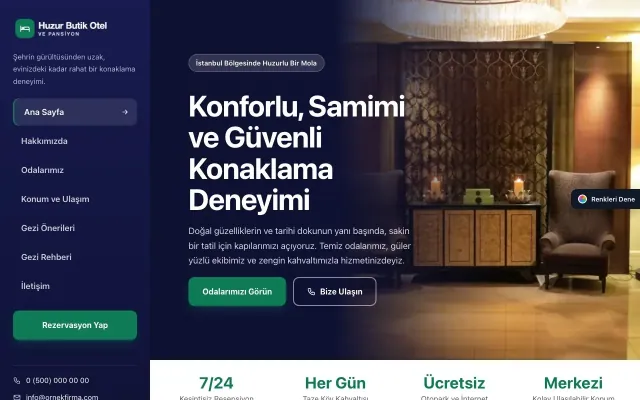 Otel ve Pansiyon için Sol Menü Lacivert Turkuaz – Otel ve Pansiyon Web Sitesi ana sayfa görünümü